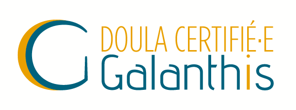 ici le logo bleu et jaune du centre galanthis précisant doula certifiée